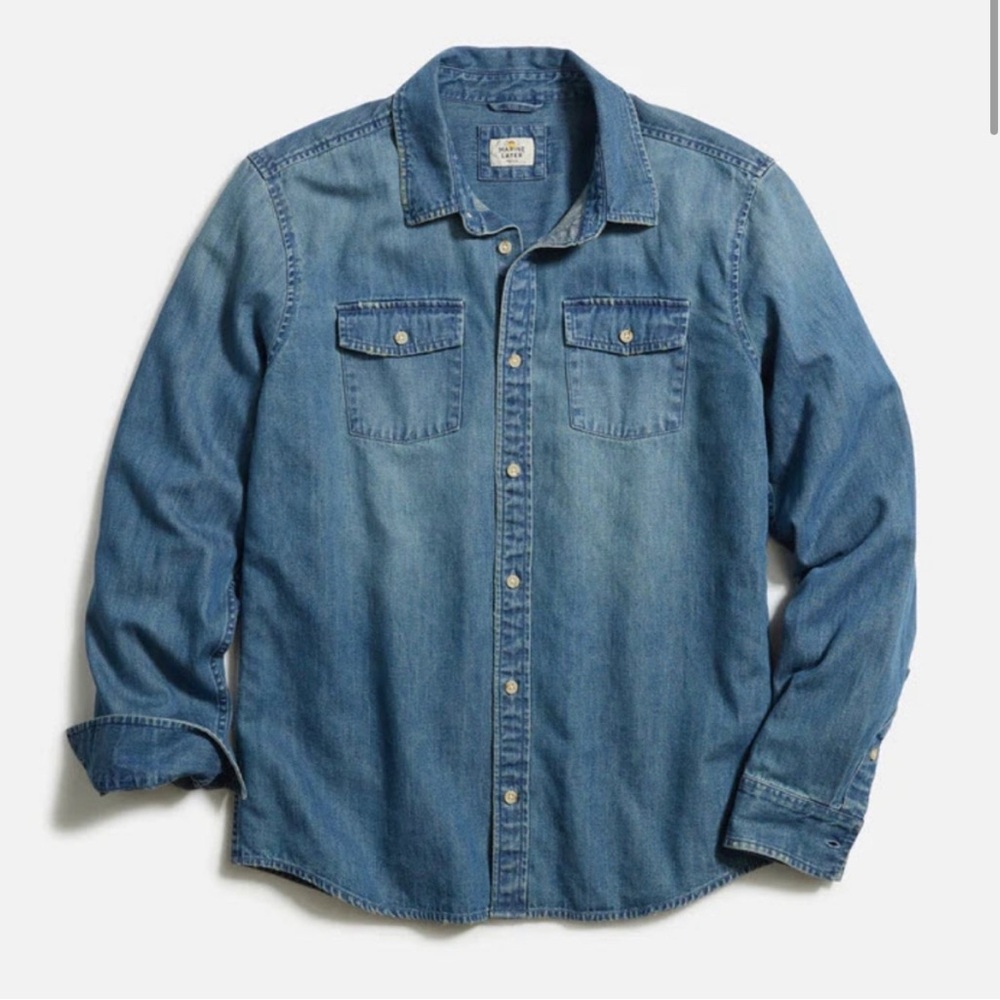 Marine Layer Long Sleeve Classic Denim Shirt Dark Wash Men's Large